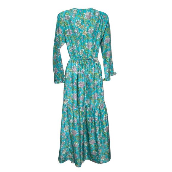 Leaves Of Grass Maxi Dress Sz 38 Medium Silk Hand Embroidered Ruffled Pockets - Picture 4 of 13